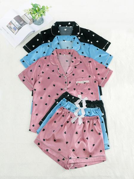 Women's Solid Contrast Binding Bow Decor Pajama Set, Short Sleeve Button Front Lapel Shirt & Shorts Pj Set, Ladies Summer Sleepwear & Loungewear