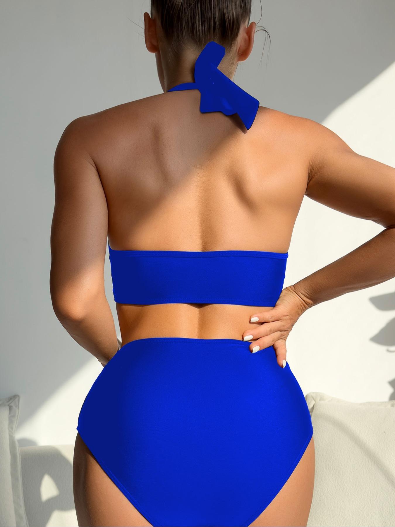 Women's Solid Color Sheer Contrast Mesh Bikini Set, Halter Neck Tie Back Bikini Top & Ruched Swim Knicker Swimsuit Set, Summer Outfits 2024, Swimwear for Summer Beach, Valentine's Day Gift, Swimsuit Style Bikini
