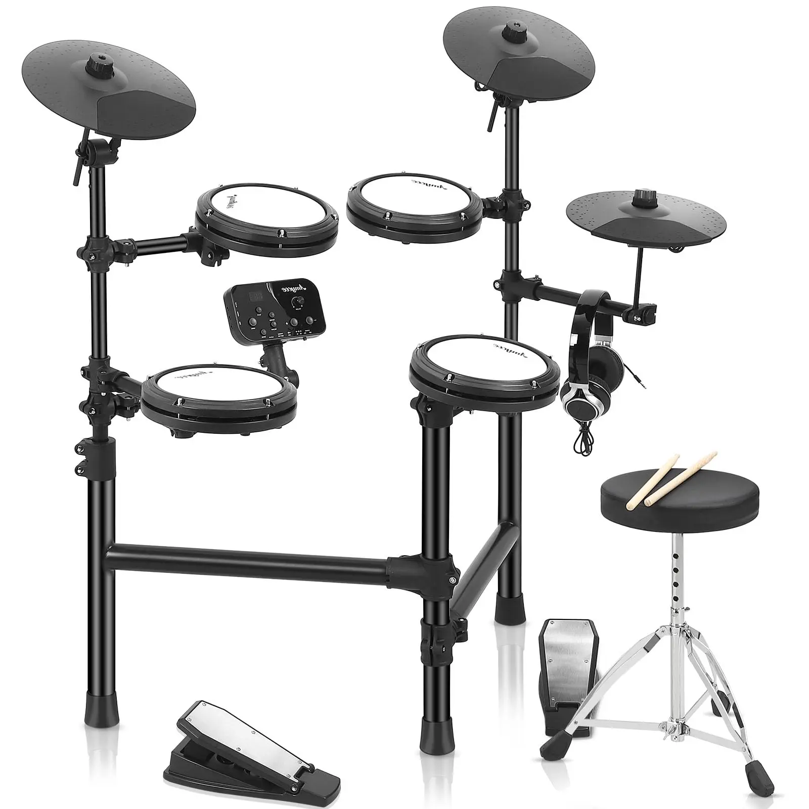 Portable Electronic Drum Set with 4 Quiet Mesh Pads, 150 Sounds, 2 Pedals, Throne, Headphones, Sticks, and Melodics Lessons - Ideal for Beginners