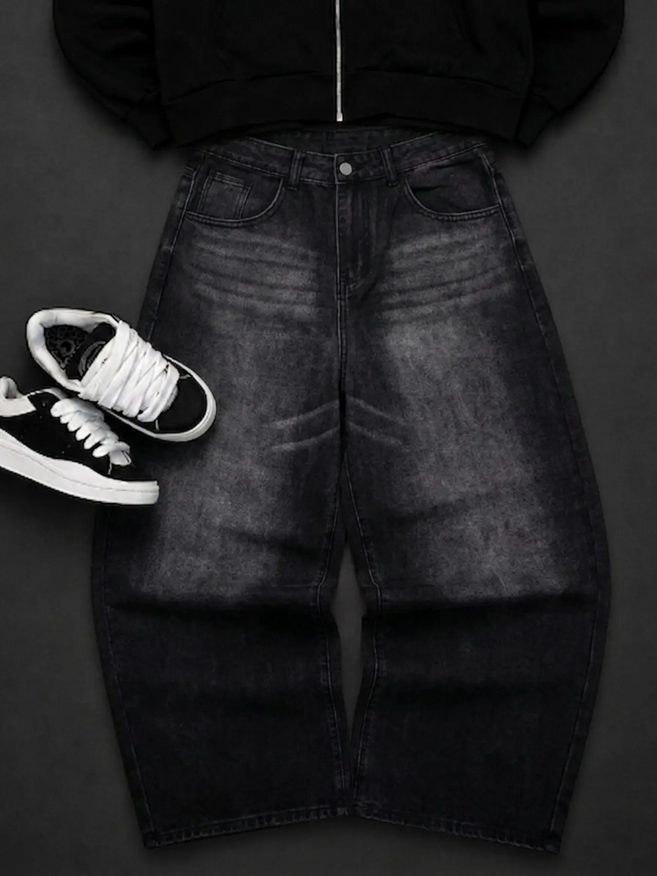 Charcoal Snowflake Gradient Cat Hair Washed Curved Knife Shape Loose Fit Wide Leg Jeans for Men and Women