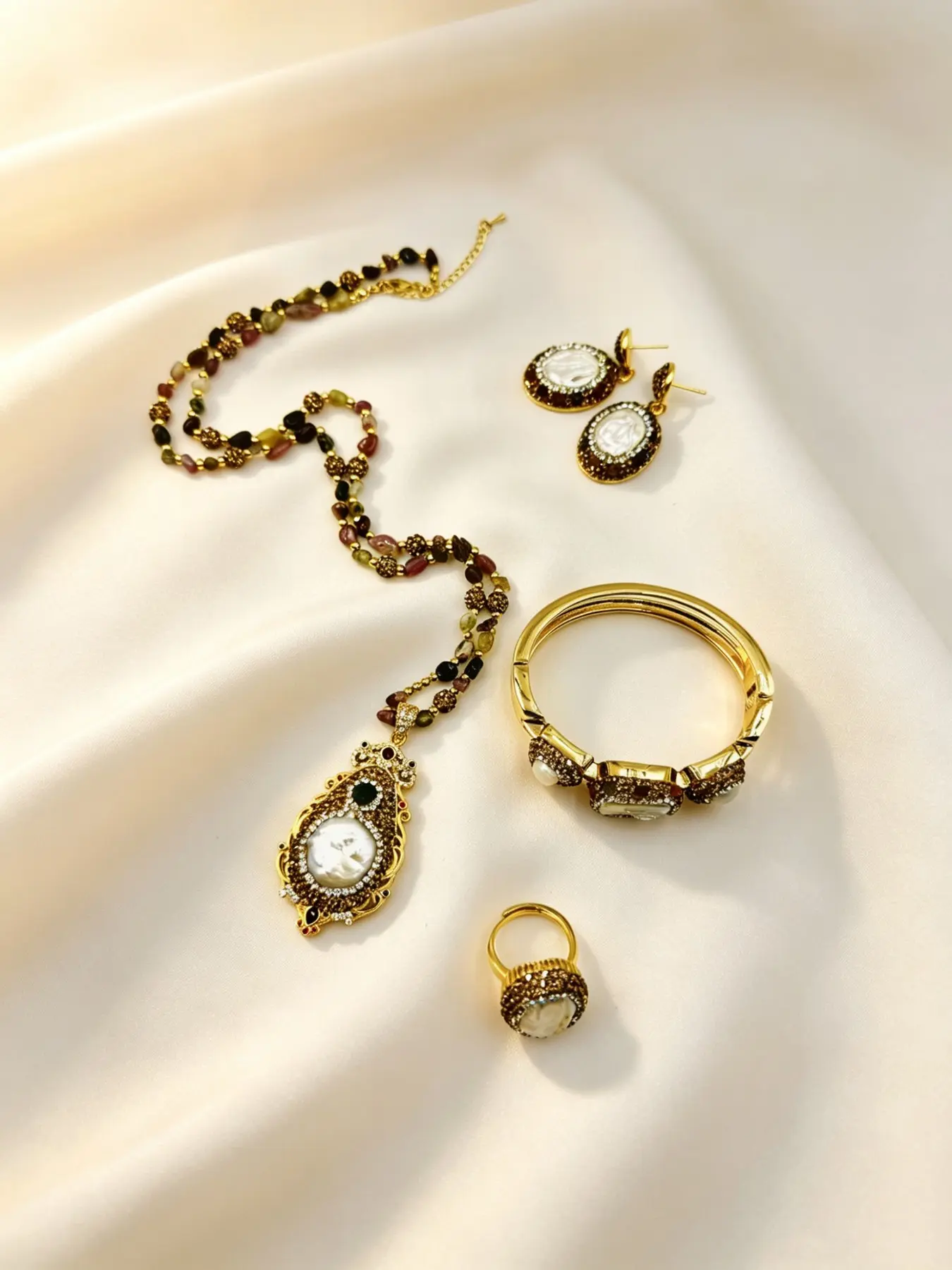 Baroque Necklace Earrings Ring Bracelet Set, 18k Chain, Customizable, Unique Luxury Jewelry, Essential for Summer Outings