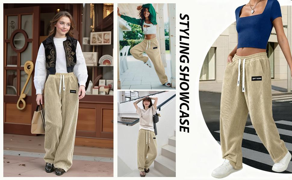 Women's Light Grey Corduroy Jogger Pants, Soft High Waist Drawstring Adjustable Trousers with Deep Side Pockets, Relaxed Straight Leg Casual Pants for All Seasons, Comfy Stretchy Daily Wear Trousers Perfect for Shopping, Walking, Work From Home, Campus