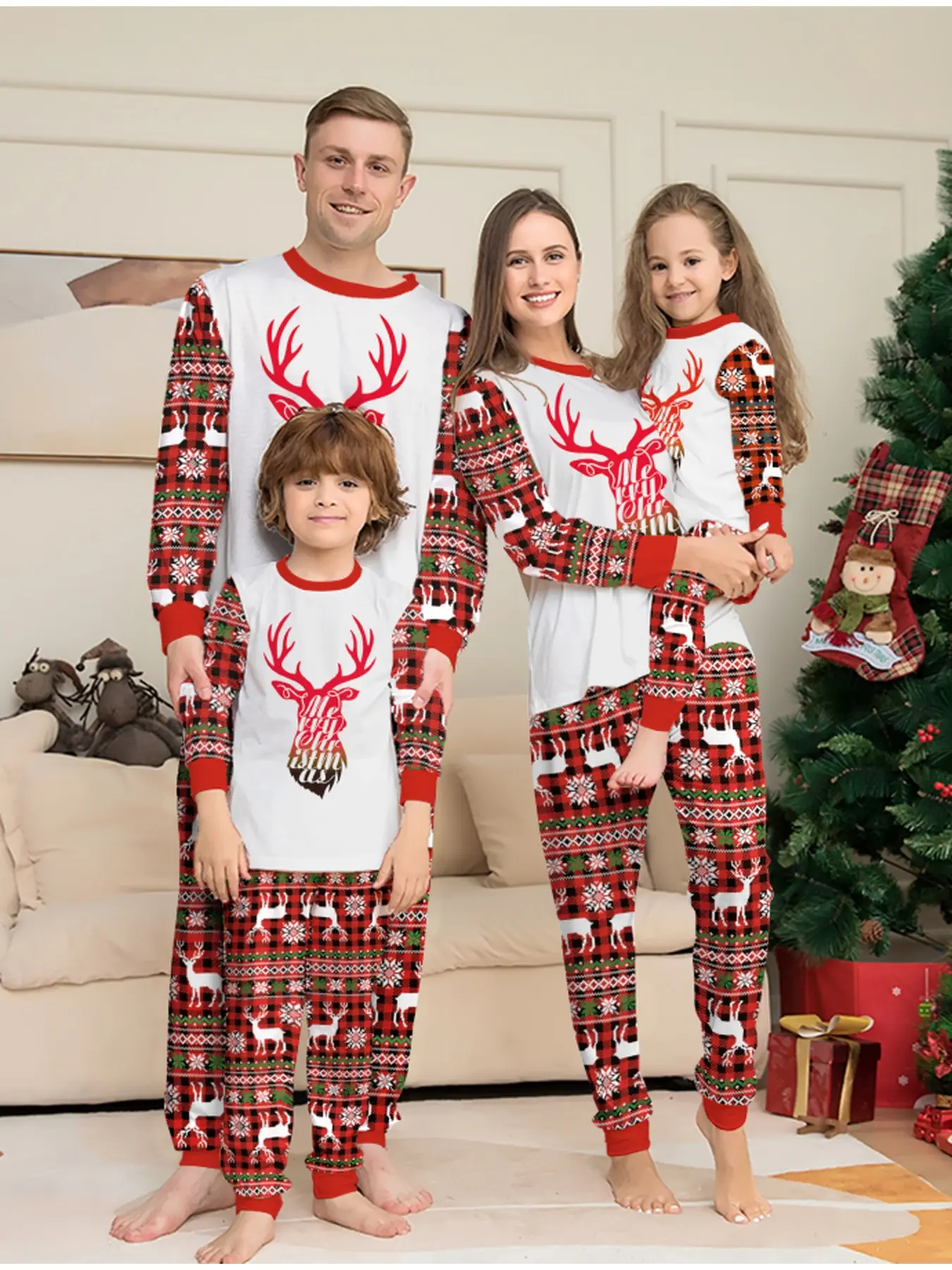 Family Christmas Pajama Set, Plaid Reindeer Print, Soft Breathable Knit, Fall Winter Sleepwear, Cozy Home