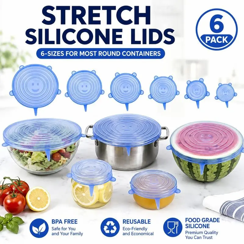 6 Piece Silicone Elastic Lids Set, Reusable Food Grade Silicone Covers, BPA Free, Fits Bowls, Pots, Cups, Fruits, Various Sizes