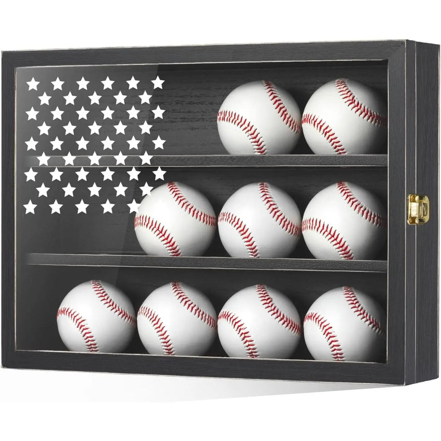 Retro Baseball Display Case 12 Balls UV Protection Wood Frame, HD Acrylic Door, Dustproof, Wall Mounted, Lockable, No Assembled