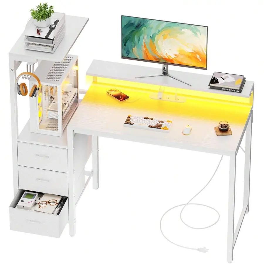 Gaming Desk With Monitor Stand & Dresser, LED Lights, Built-In Power Outlets & USB Charging, Home Office Computer Desk With Storage Drawers, PC Tower Stand & Headphone Hook, Modern Workstation For Bedroom & Living Room