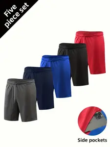 5-Pack Men's Mesh Athletic Shorts, Quick Dry Sweat Wicking Breathable Summer Shorts, Elastic Waist With Drawstring, Casual Sports Fitness Running Basketball Shorts