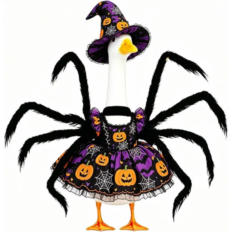 Gliswaieuznd Halloween Spider Witch Porch Goose Outfit Fits 23'' High Goose Statue Pumpkin Bat Print Tutu Dress with Furry Spider Leg Wizard Hat for Patio Lawn Garden Front Porch Decor (Purple, One Size) : Everything Else