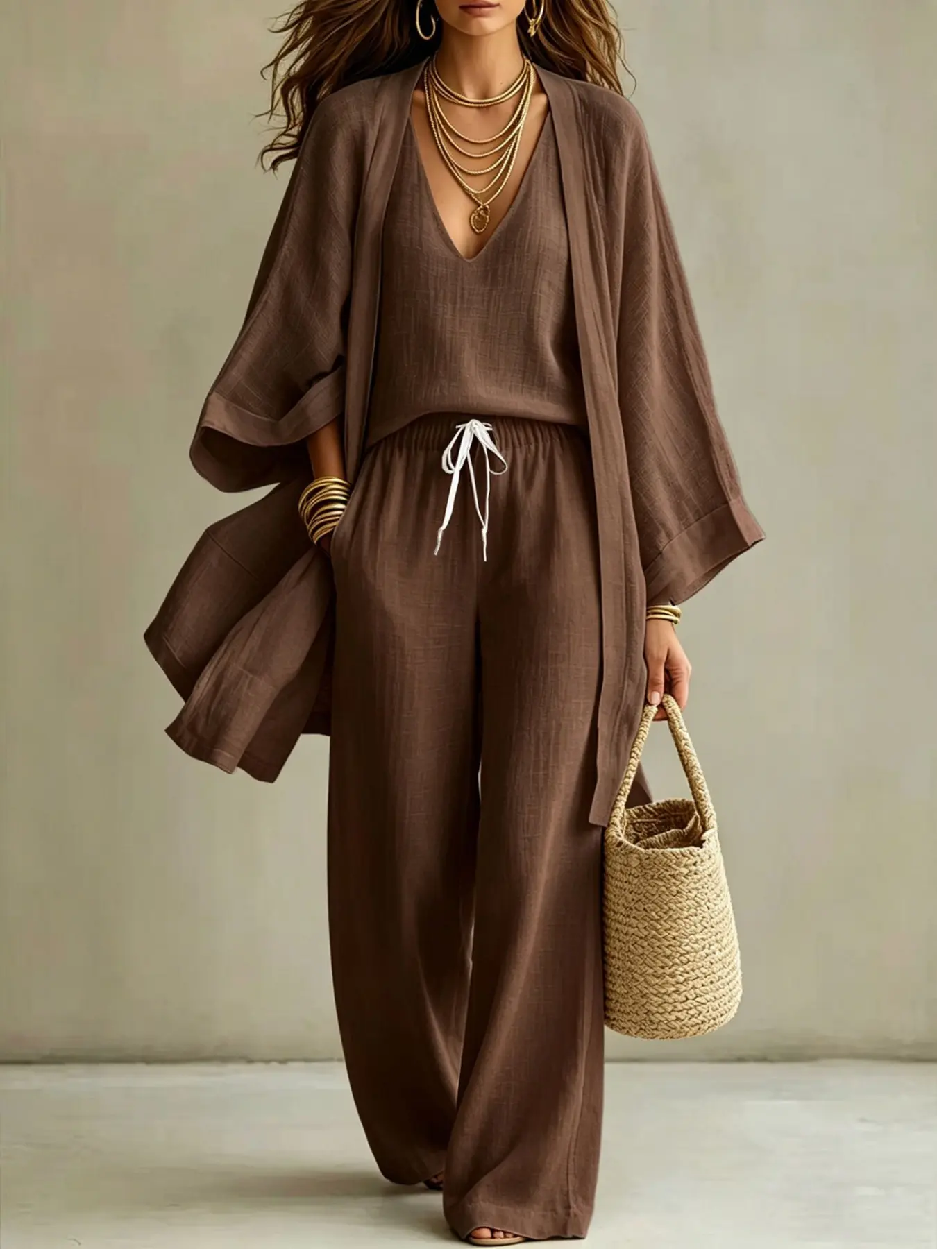 Women's Casual Three-Piece Set, Sleeveless V-Neck Top, Ankle-Length Pants, Loose Fit Lightweight Plain Set for All Seasons