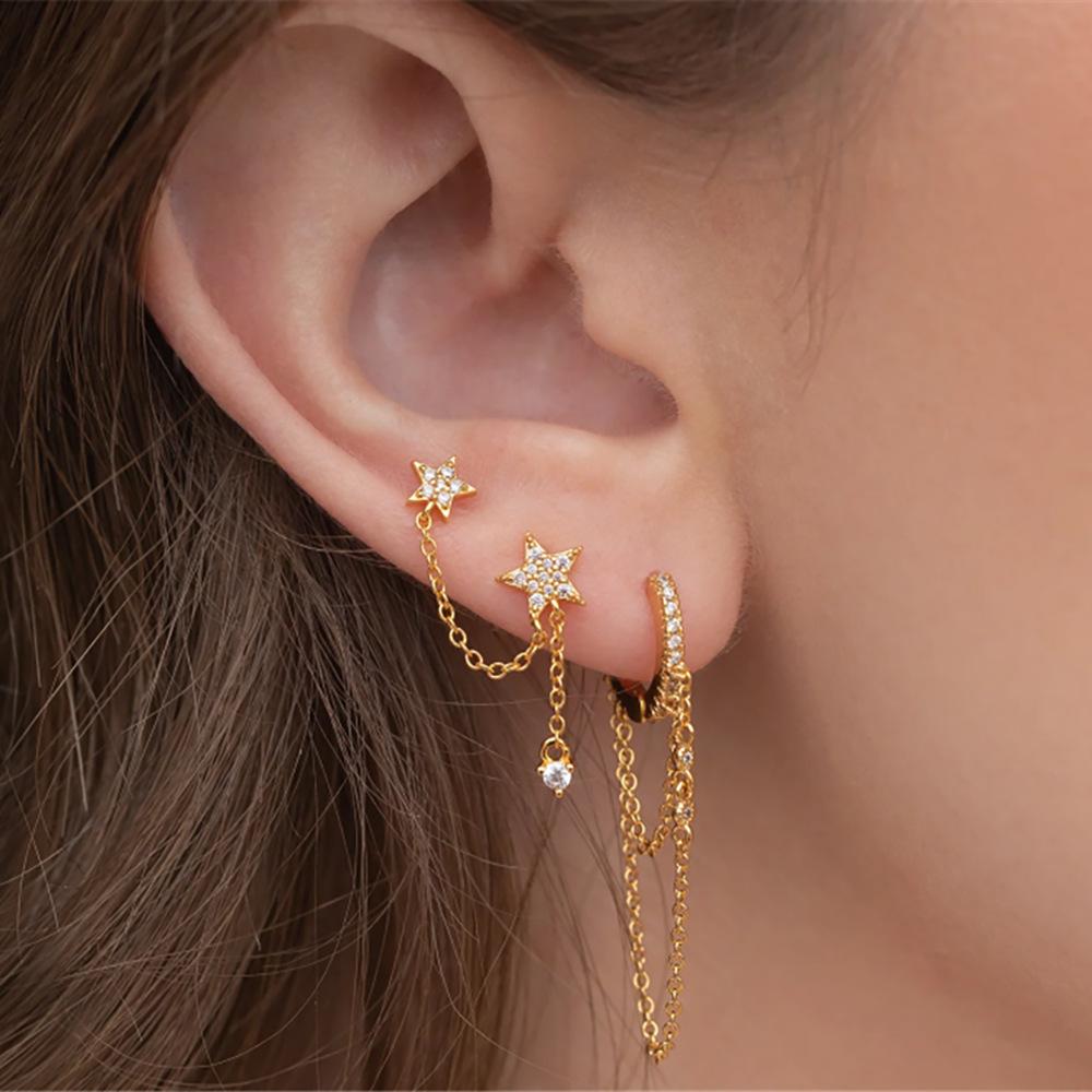 Silver Tassel Rhinestone Double Star Chain Drop Earrings Elegant Fashion Jewelry Accessories For Women Trendy Daily Wear Gifts For Her
