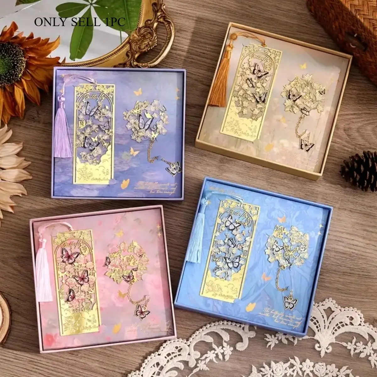 Blossoming Flowers & Butterfly Dream Bookmark Gift Box, Creative Cultural Festival Gift, Includes Handheld Ornament & Premium Metal Tassel Bookmark