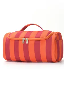Large Capacity Travel Makeup Bag with Hooks, Striped Cherry Print Portable Organizer, Waterproof Multi-Functional Cosmetic Bag