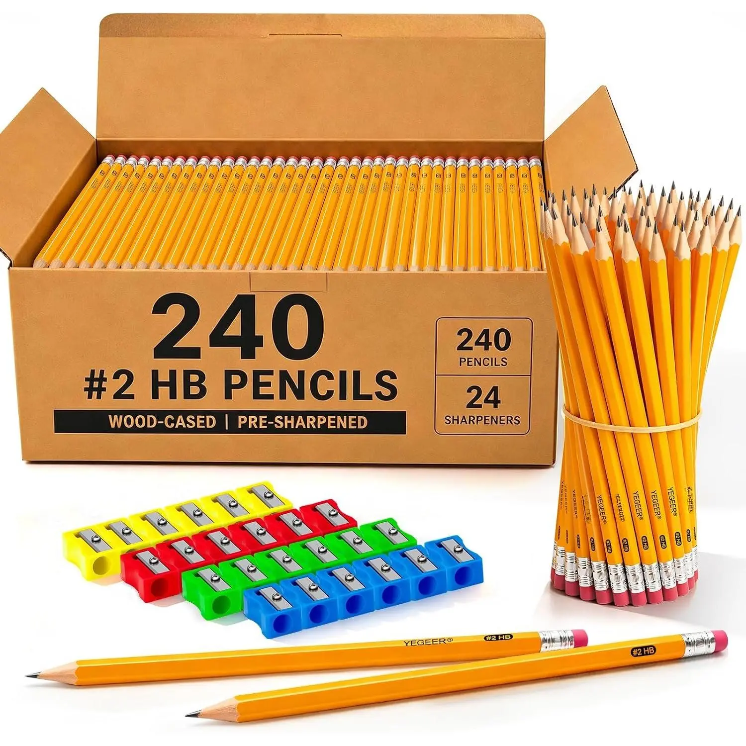 240 Pack #2 HB Pre-Sharpened -Cased Graphite Pencils Bulk Pack with 24 Pencil Sharpeners and Top Erasers, for Writing, Drawing and Sketching, School, Classroom, Office & Standardized Testing (240)