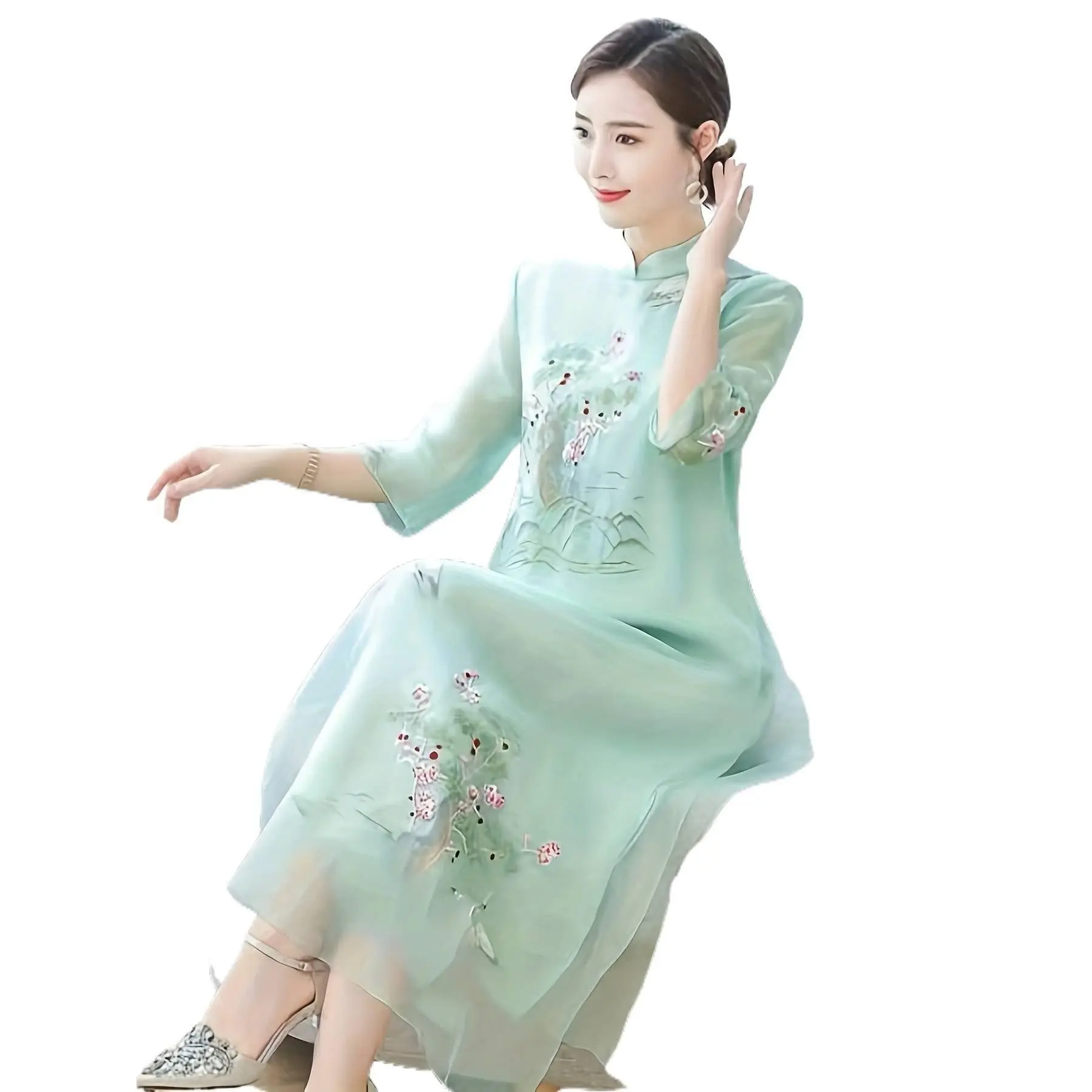 Chinese Style Double Layer Long Cheongsam Dress, Embroidered Zipper Design Slim Qipao, Literary Elegant Outfit For Daily & Formal Occasions