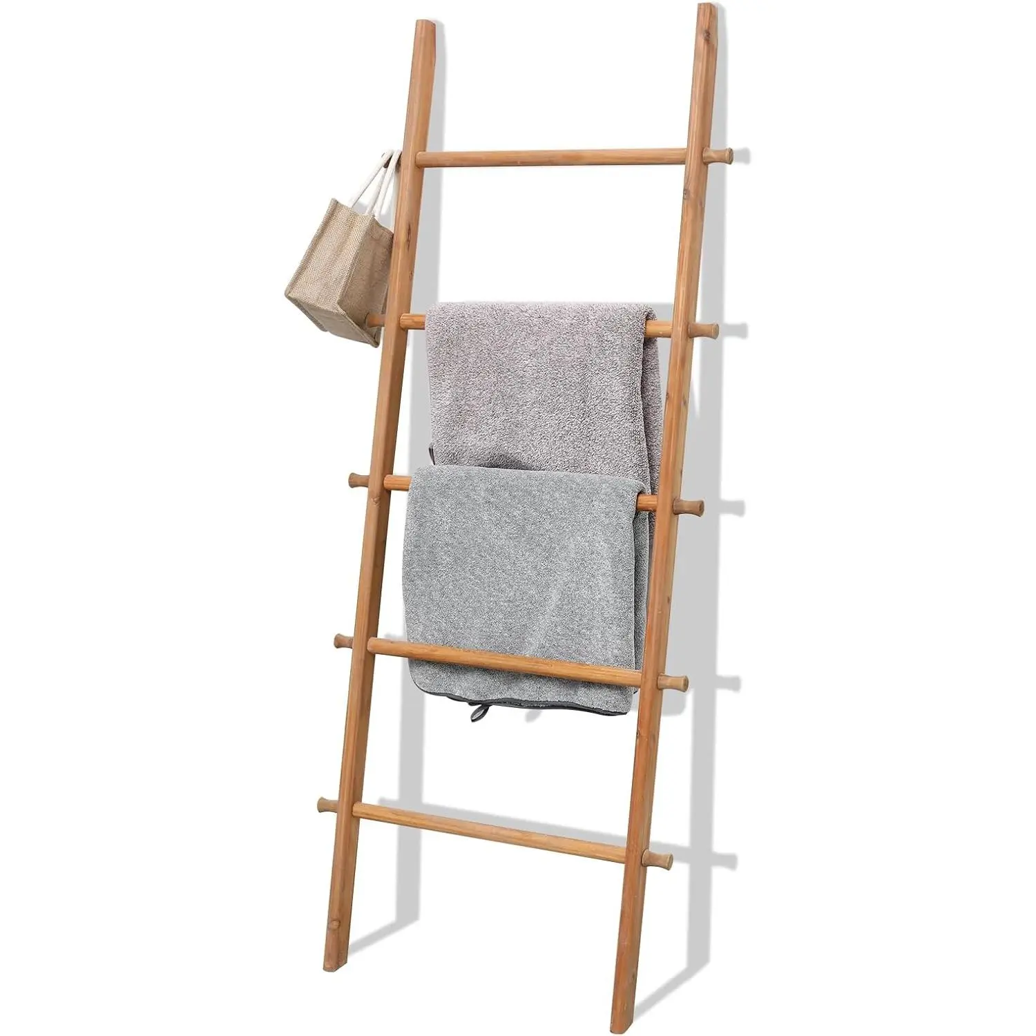 Blanket Ladder, 57in Rustic Extended Side  Decor Rack, Light Brown | 5 rungs,  quilt display holder, organize towel,  bags, leaning wall, bathroom and living room use