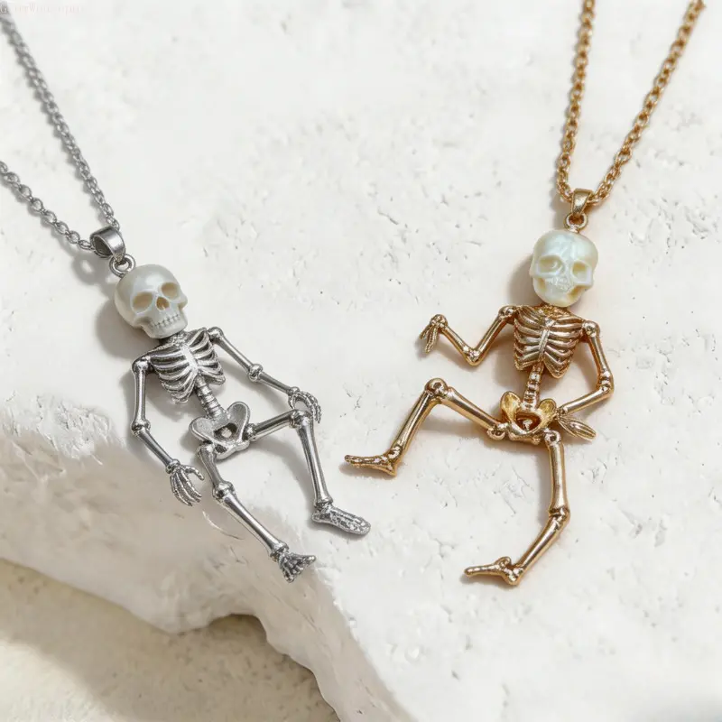 Silver Skeleton Pendant Necklace - Goth Aesthetic Jewelry with Pearl Head Skull Bone Chain for Female, Male - Halloween, Dark Academia Gift for Daily Wear, Accessories For Women, Emo Alt Style Necklaces