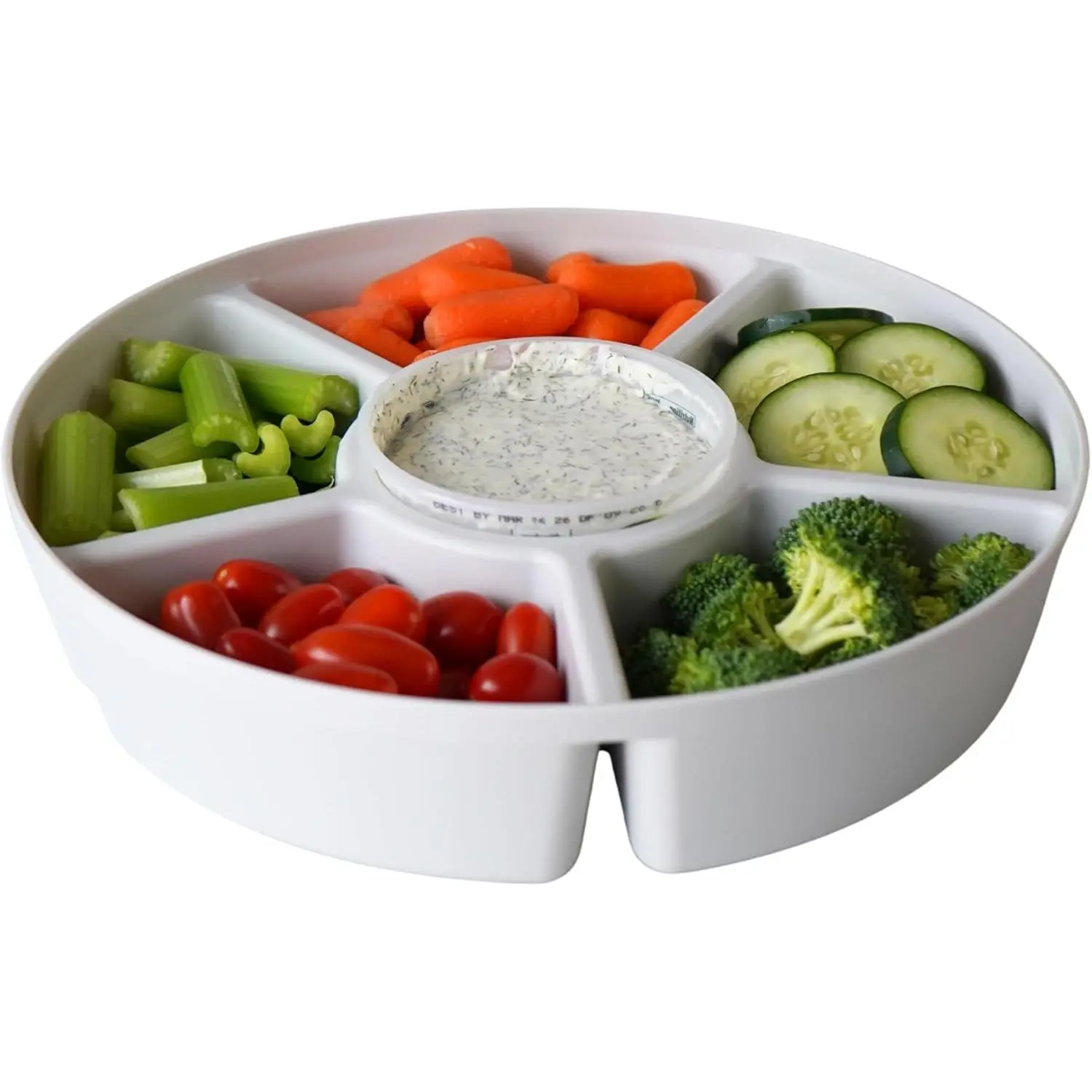 Heavy-Duty Divided Serving Tray with Leakproof Lid, 6 Compartments Food Fruit Veggie Storage & Serving Platter for Parties, Made in USA, White Tray with Clear Lid
