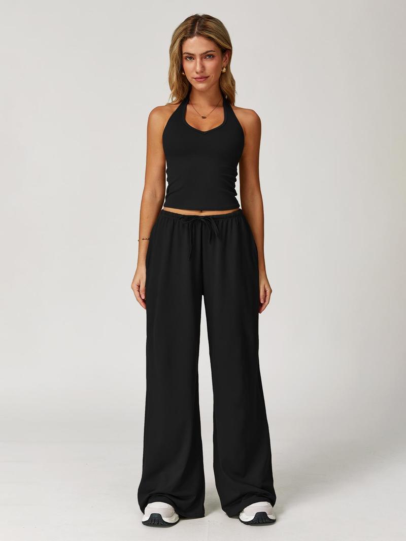 Women's Solid Halter Neck Top & Wide Leg Pants Sports Set, Casual Sleeveless Top & Pants for Daily Outdoor Wear, Ladies Sportswear for Tennis Running, Workout Clothes, Sporty Style Outfits