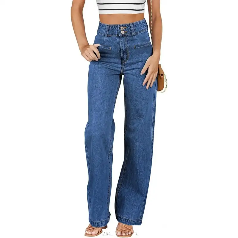 Women's High-Waisted Stretchy Straight-Leg Denim Bottoms, Basic Trendy Loose Wide-Leg Jeans with Pockets AA41UrbanFabCo, Loose Fit, Wide Legs