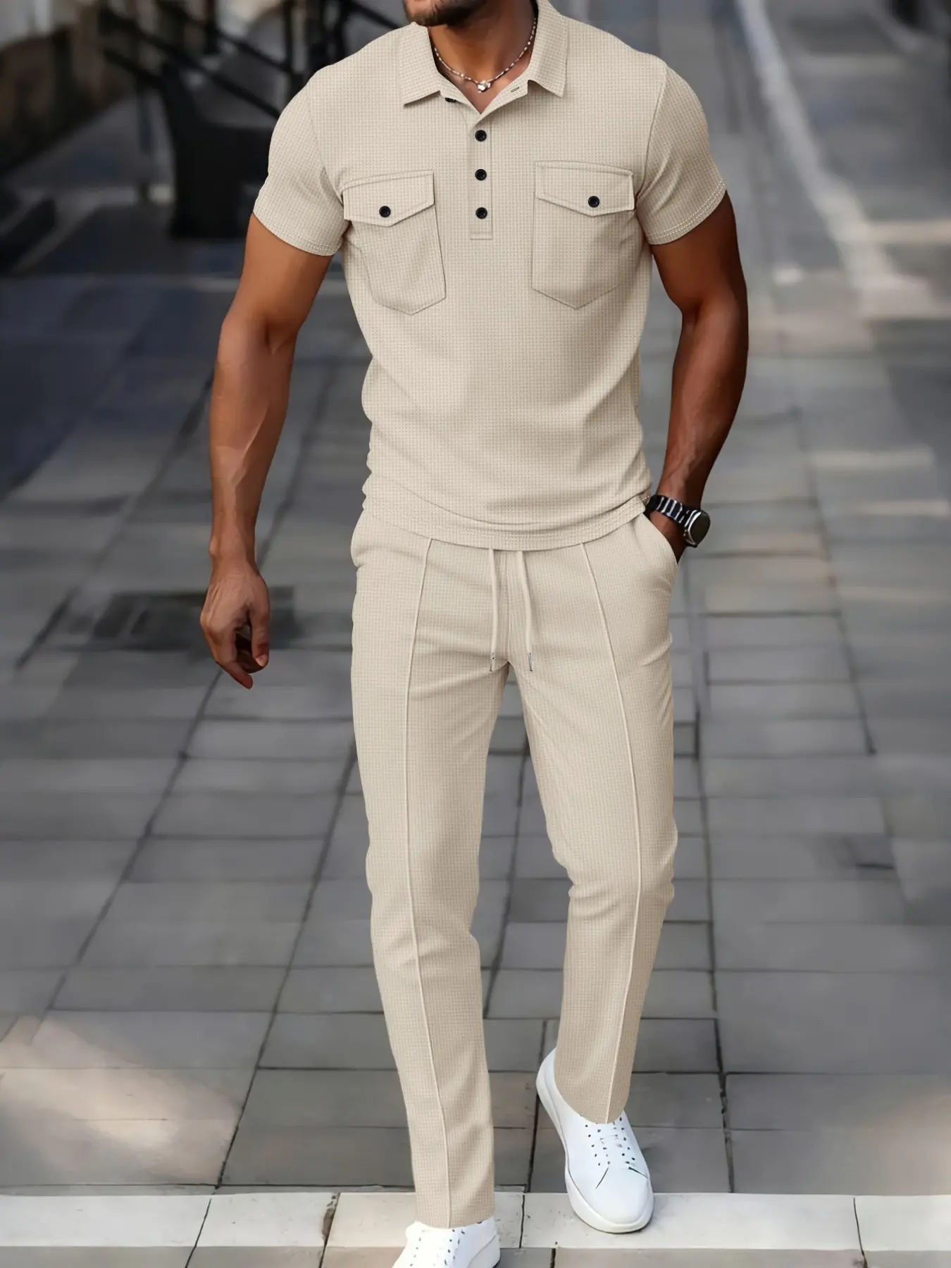 Men's Waffle Polo Shirt with Dual Pockets + Casual Sporty Long Pants, Comfortable and Stylish Outfit for Daily Wear