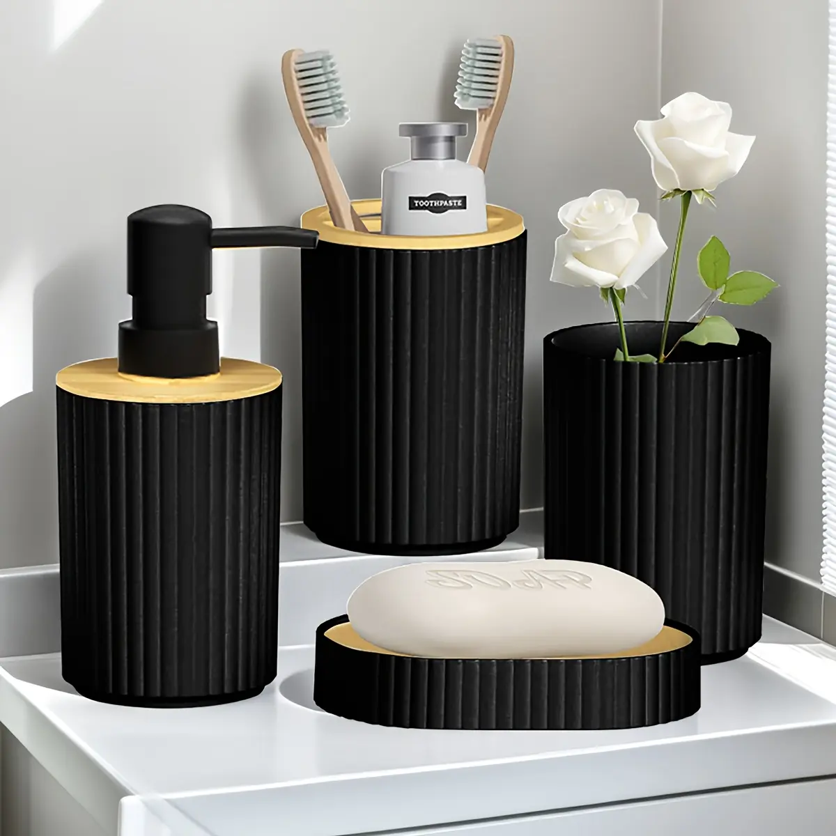 4-piece bathroom accessory set: countertop hand soap bottle, toothbrush holder, soap box, bathroom storage set, and equipment stand