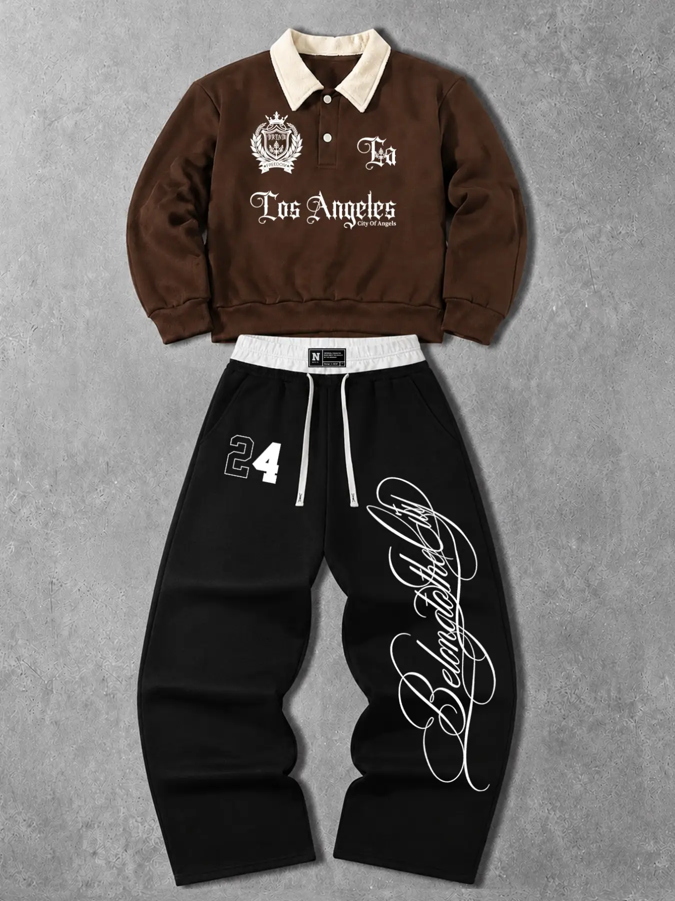 American Retro LA Graphic Cropped Polo Collar Sweatsuit 2 Piece Set Unisex Gothic Script Print Long Sleeve Top with Contrast Waist Drawstring Joggers Fall Winter Casual Outfit