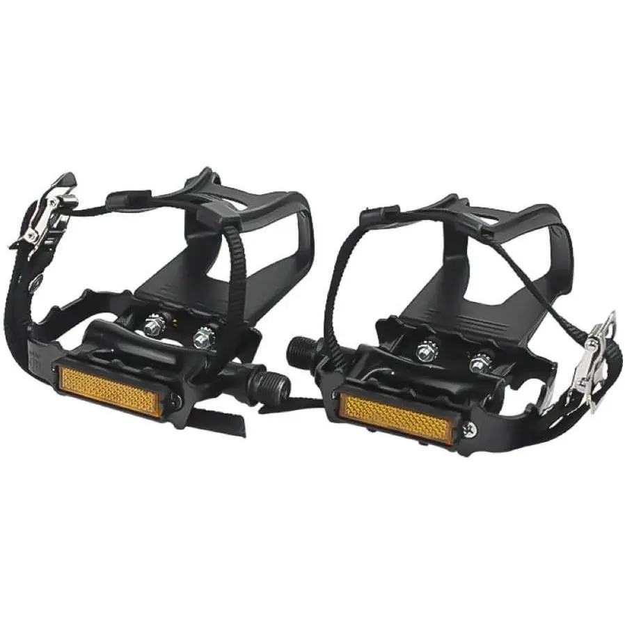 Bike Pedals with Clips and Straps for Outdoor Cycling and Indoor Stationary Bike 9/16-Inch Spindle Resin/Alloy Bicycle Pedals
