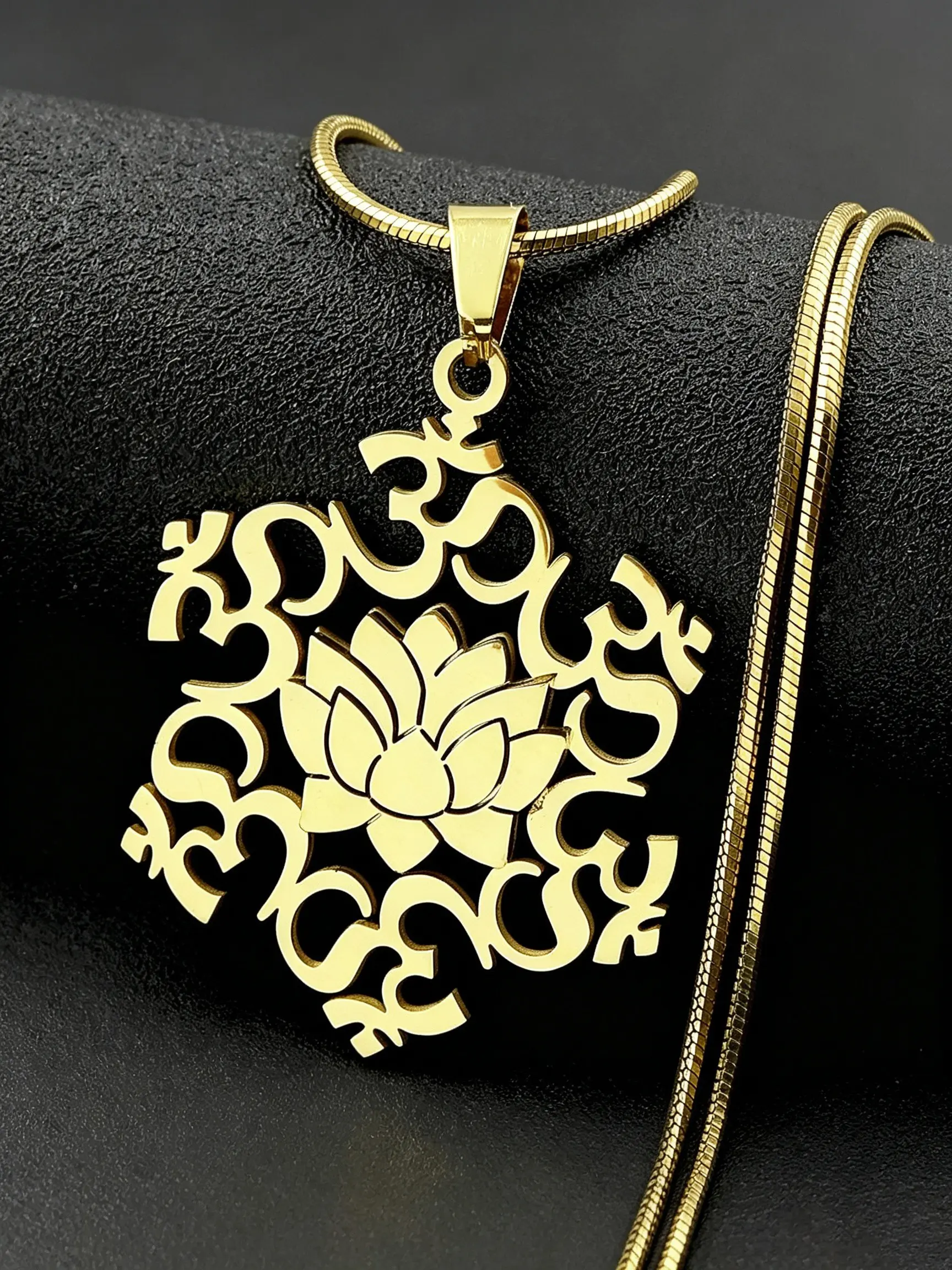 Hindu Buddhist Lotus Stainless Steel OM Symbol Necklace for Women Men Gold Silver Color Spiritual Snake Chain Necklace Jewelry
