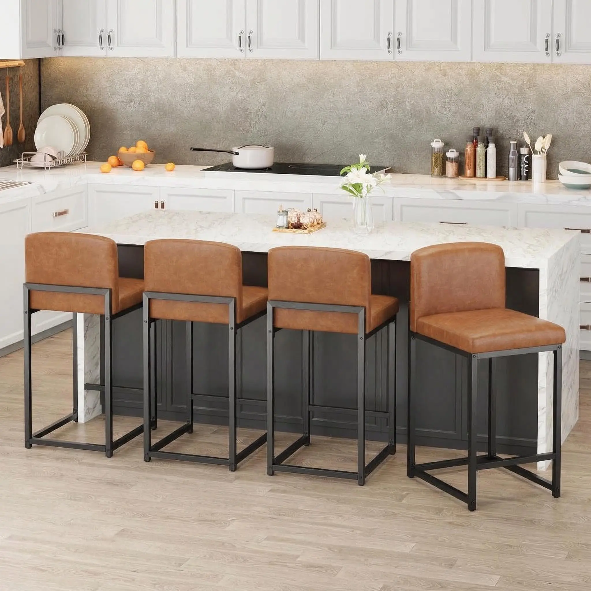 Armless Counter Height Bar Stool Set (4 or 6 Pieces) - 24.8in PU Leather Upholstered Seats & Backs, Metal Legs, Modern Design for Modern Home Decor, Kitchen Islands, Bars (Brown/Grey), Without Arms