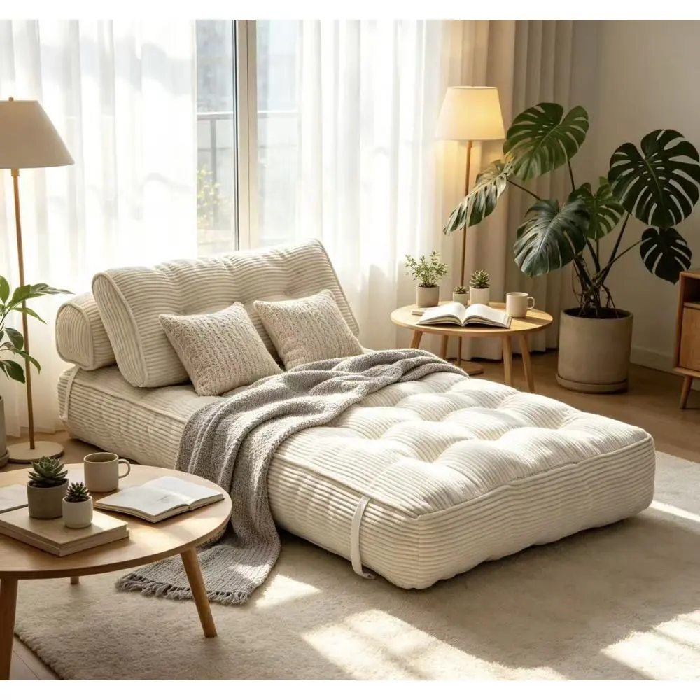 Single Seat Foldable Sofa Bed - 1-Person Convertible Sleeper Chair with Pillow, Foldable Mattress, Back Support - Portable Floor Lounge for Living Room, Bedroom, Beige, One Person