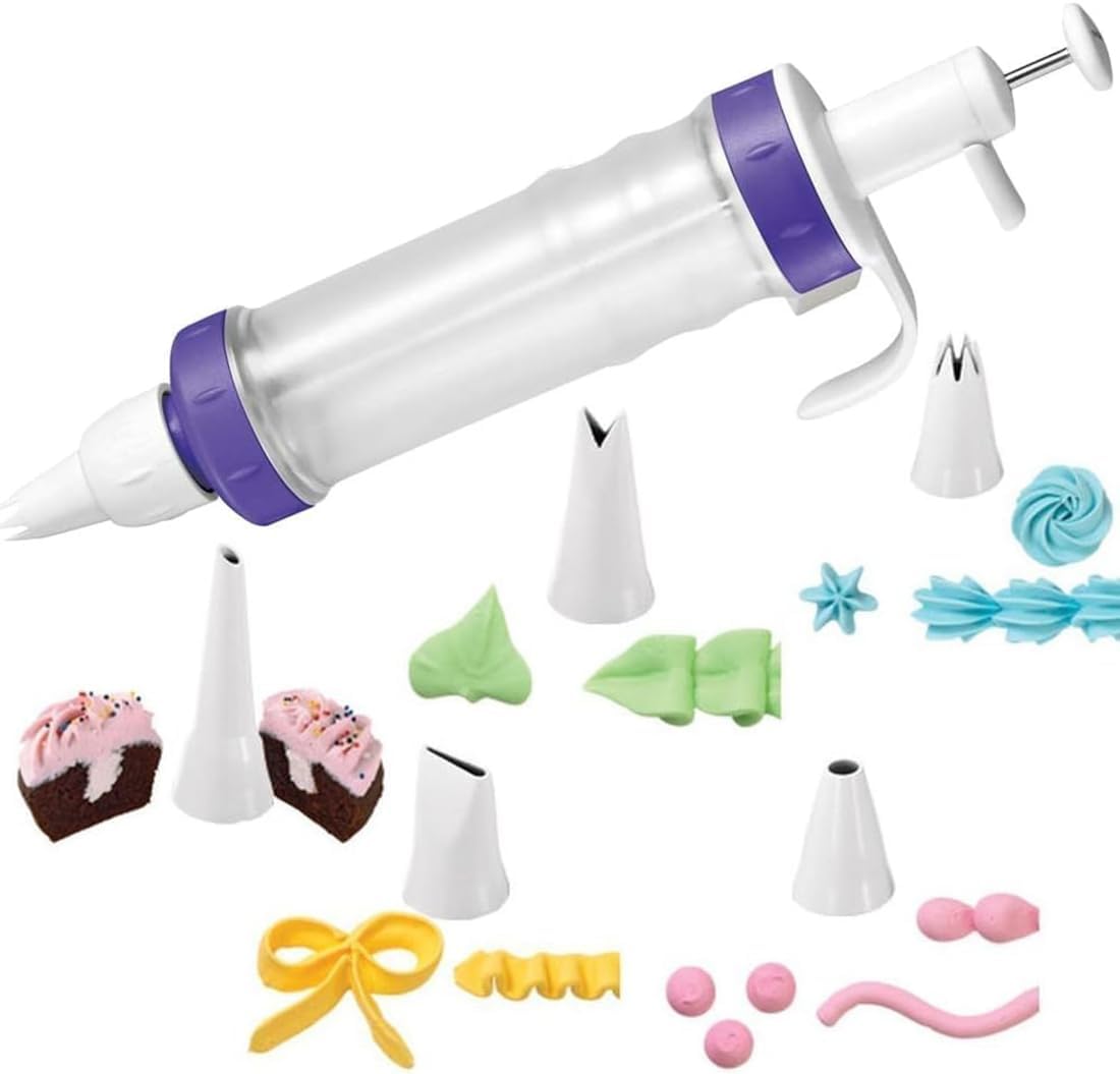 Dessert Decorating Kit – Includes Plunger-Style Tool, 2 Couplers, 1 Filling Tip & 4 Decorating Tips, Plastic, White & Purple