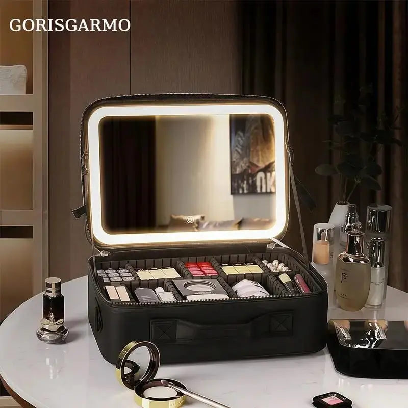 Popular women's portable makeup bag. Black design, equipped with LED makeup mirror, 3 lighting effects, adjustable brightness, USB charging, portable and lightweight, large capacity, must-have for women on trips