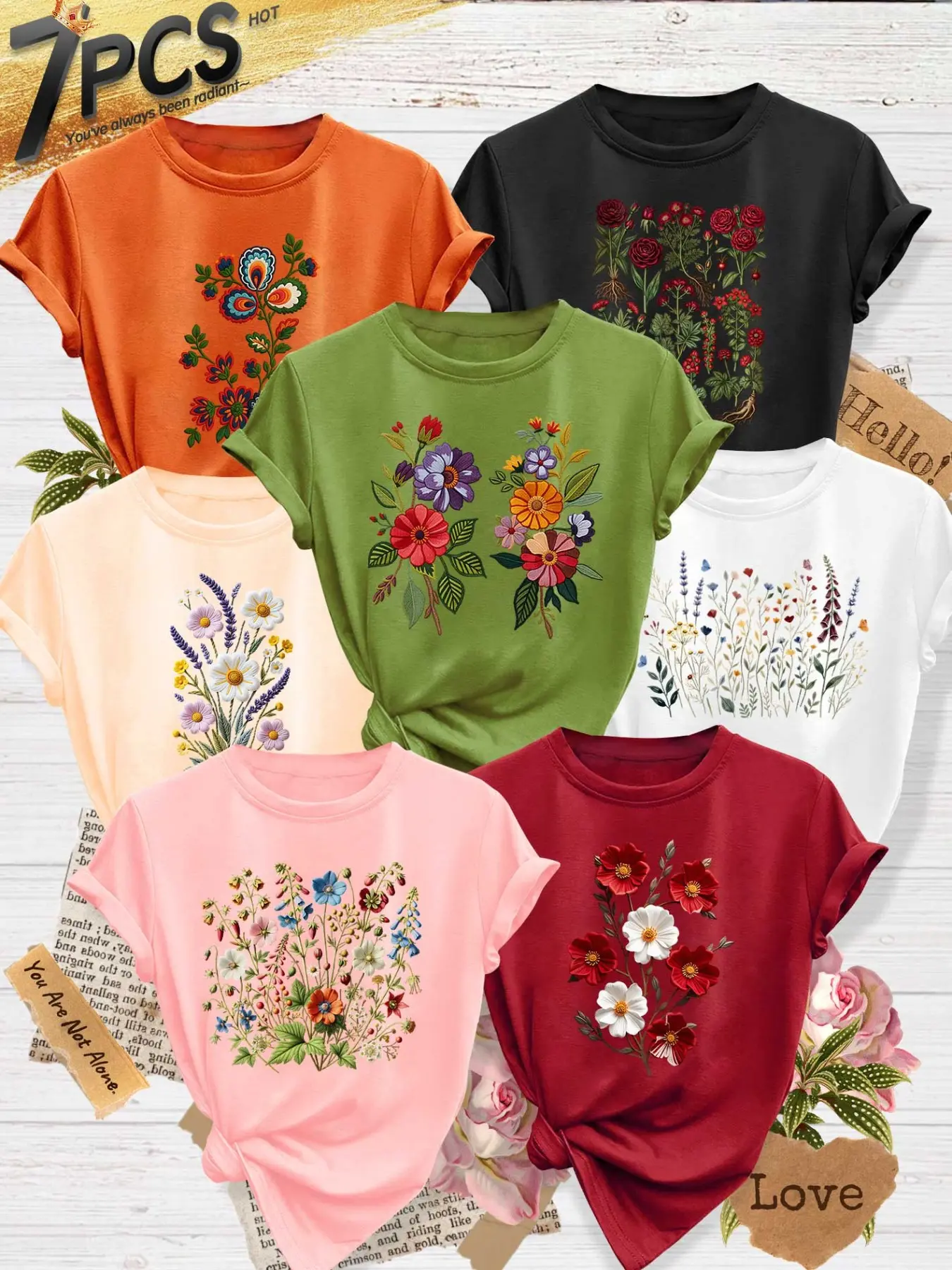 7Pcs Women Heather Crew Tee, Vintage Herbal Flower Plant Print, multi-color, washable, soft spring summer tee