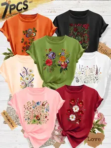 7Pcs Women Heather Crew Tee, Vintage Herbal Flower Plant Print, multi-color, washable, soft spring summer tee