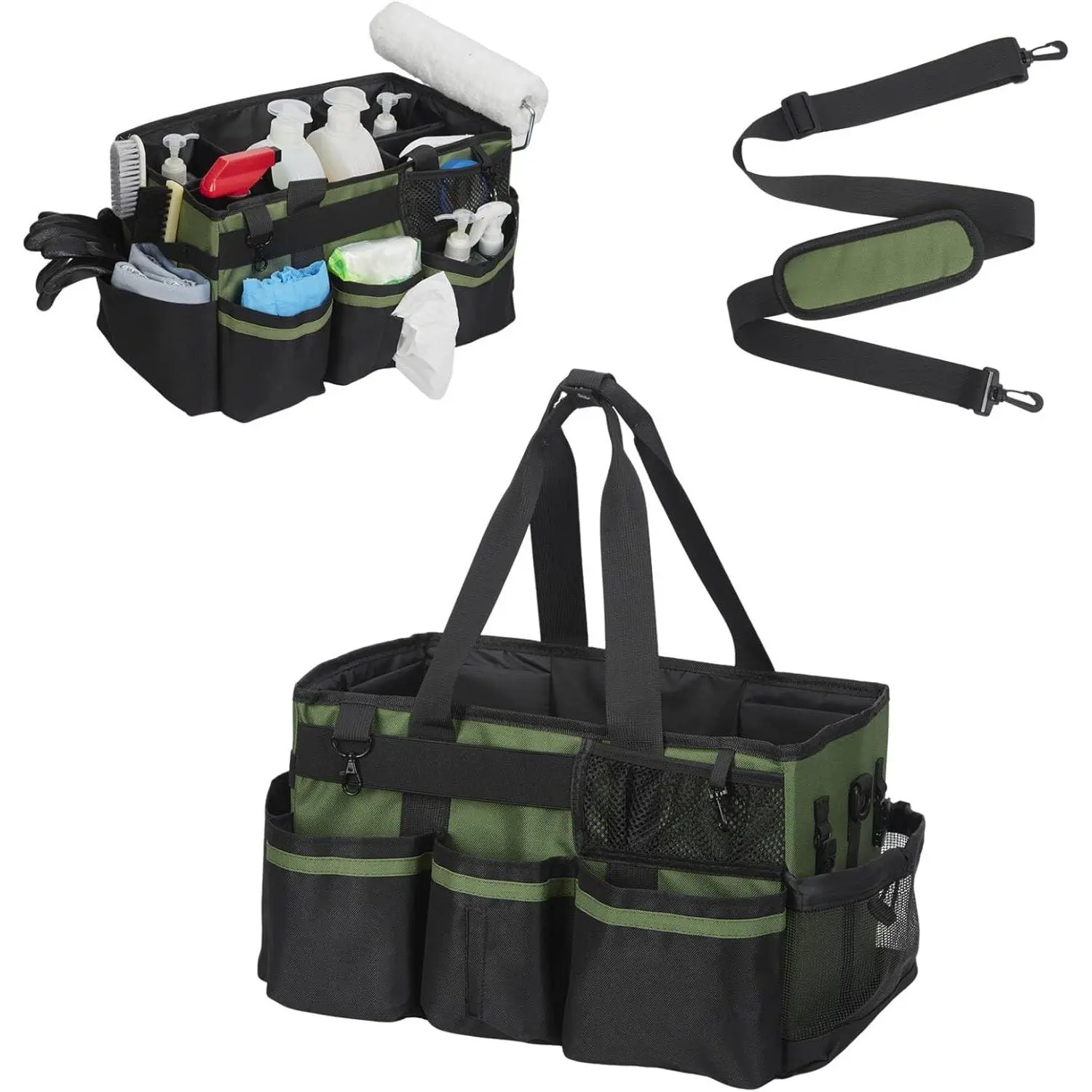 Large Wearable Cleaning Tool Bag, Waterproof Oxford Organizer with Adjustable Strap & Waist Belt, Tool Storage Bag, Removable Divider, Multipocket Tote for Home & Commercial Supplies Storage
