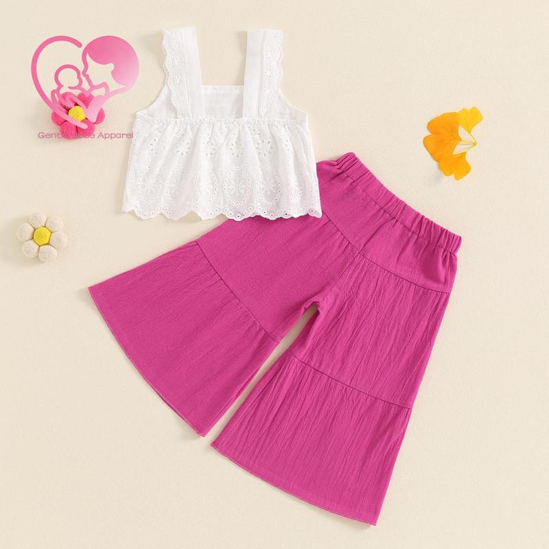 (65% Cotton) GBA Baby Baby Girls Summer Outfit Solid Color Sleeveless Lace Tank Tops and Elastic Casual Wide Leg Pants Set