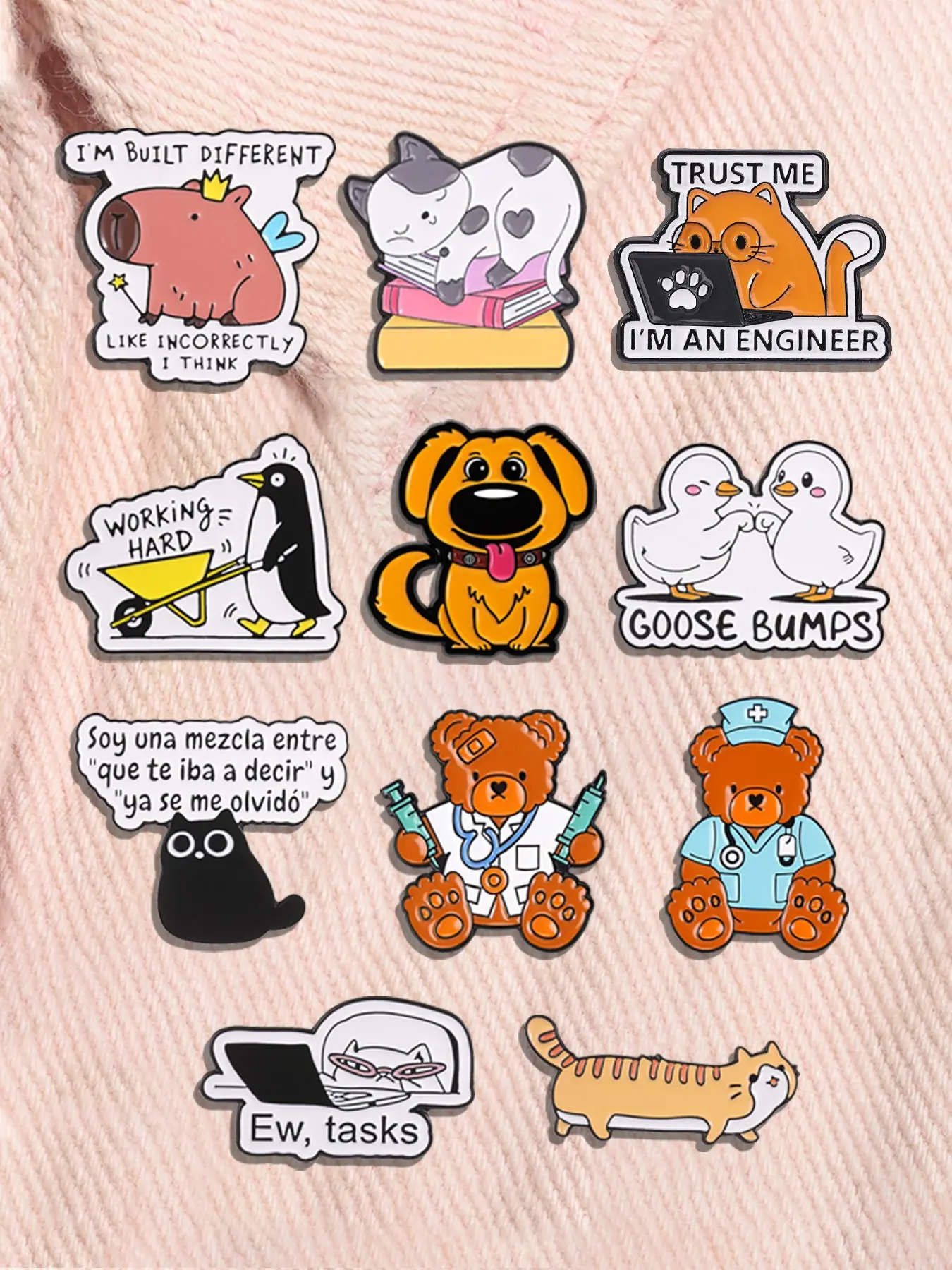10-piece Set Cartoon Animal Series Enamel Pins Hardworking Medical Bear Cat Fairy Capybara Fist Bump White Goose Alloy Brooches Lapel Backpack Clothing Decor Badge Fashion Jewelry Accessories Gifts for Friends