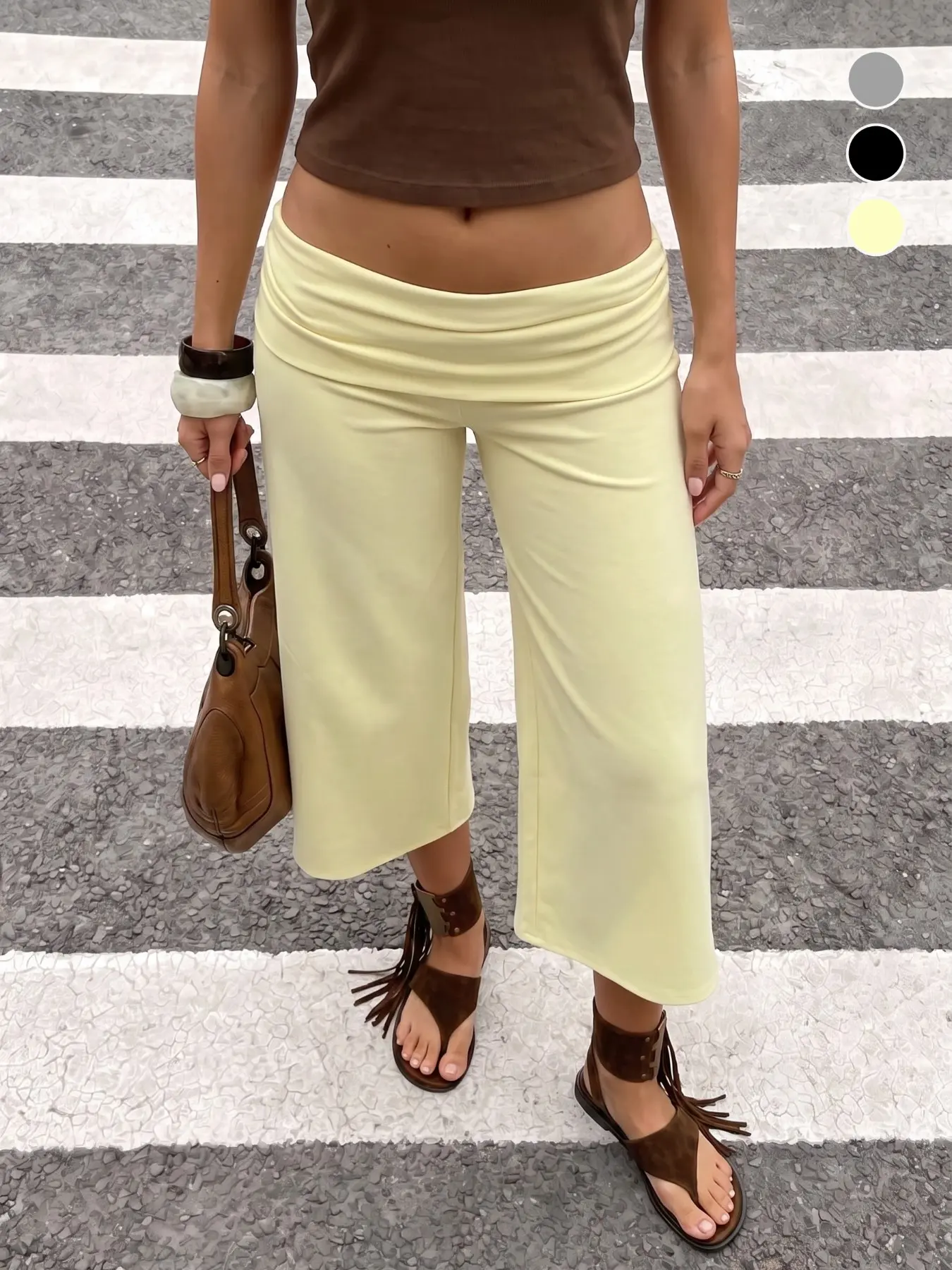 Women Fold Over Low Waist Cropped Flare Capri Pants, 3 Colors Black Light Yellow Heather Gray, Soft Stretch Solid Mid-Calf Y2K Casual Bottoms