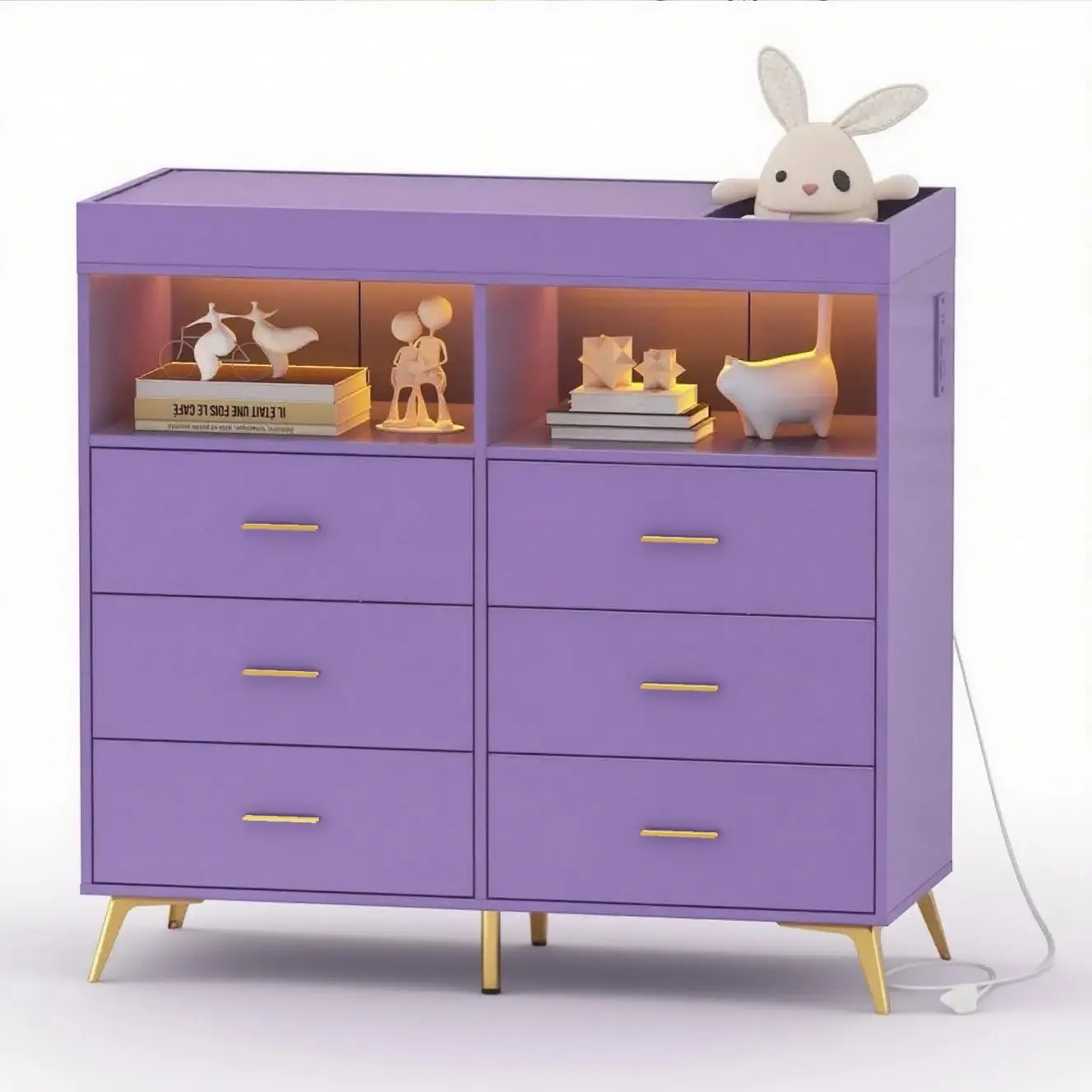 6-Drawer Nursery Dresser Changing Table Combo with Removable Changing Top & Pad - LED Lights - Charging Station & Power Outlets - Anti-Tip - 2 Open Shelves, Purple/Gray/Blue(2 Boxes)