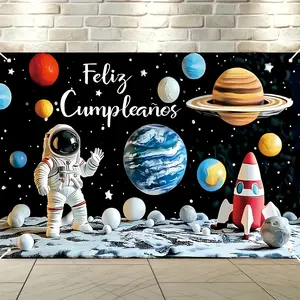 1 piece of astronaut space-themed birthday banner - vibrant planet and star design, durable polyester fiber party backdrop cloth for indoor/outdoor photography props, space party decoration, space-themed decoration, indoor/outdoor decoration