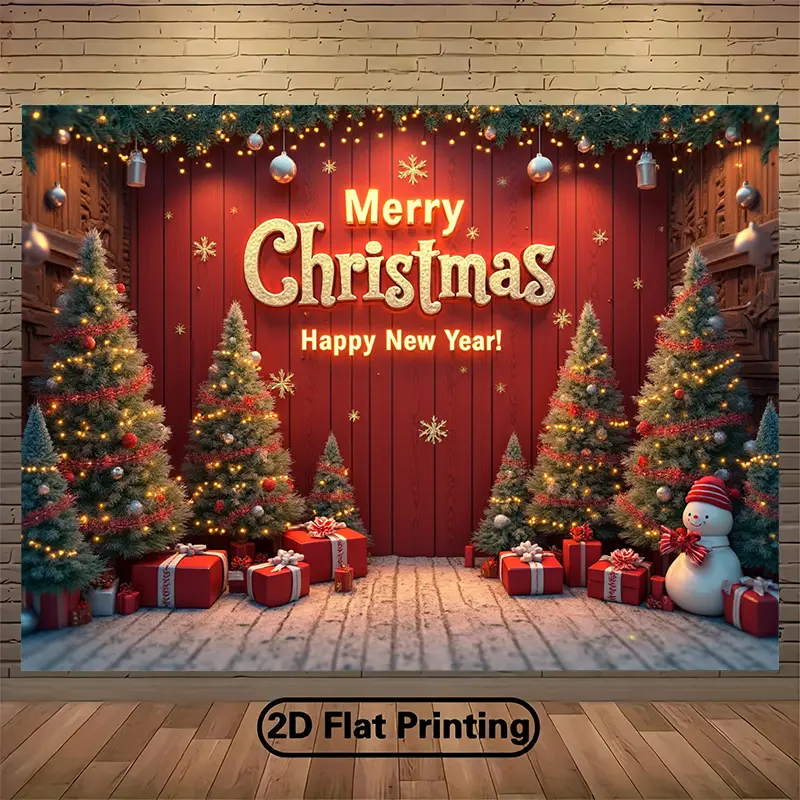 Christmas Trees & Presents Snowman Backdrop, Merry Christmas Holiday Party Banner, Winter New Year Wall Decor, Festive Photo Booth Prop