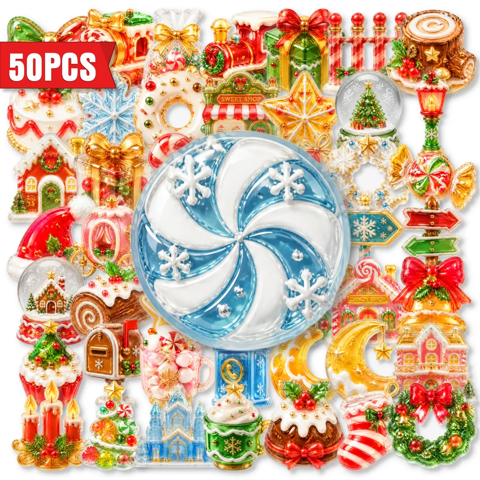 50Pcs 3D Crystal PET Christmas Candy Stickers, Planner Accessories Office Products Drop Glaze Decor Decals for Notebook Journal Xmas DIY Supplies