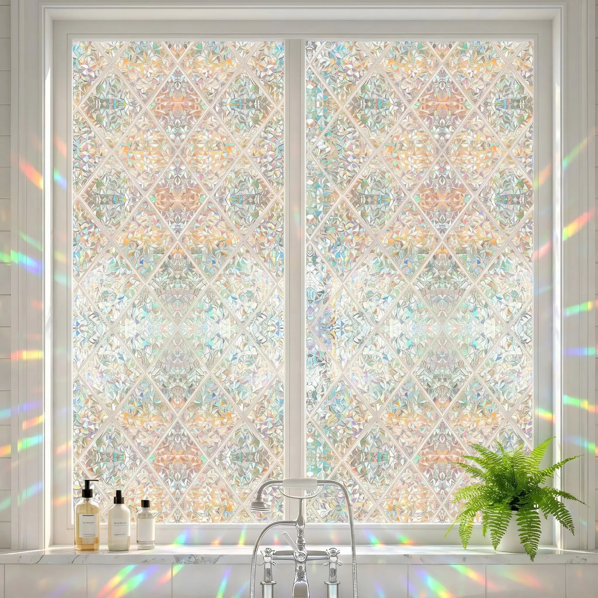 44.5cm Wide Glue-Free Static Rainbow Laser Window Film, Rhombus Mosaic Anti-Peep Privacy Glass Film, Light-Transmitting Non-See-Through Starlight Refraction Decor Decal, Anti-Exposure Window Cling for Bedroom Kitchen Glass Doors, Reusable Decorative Decal