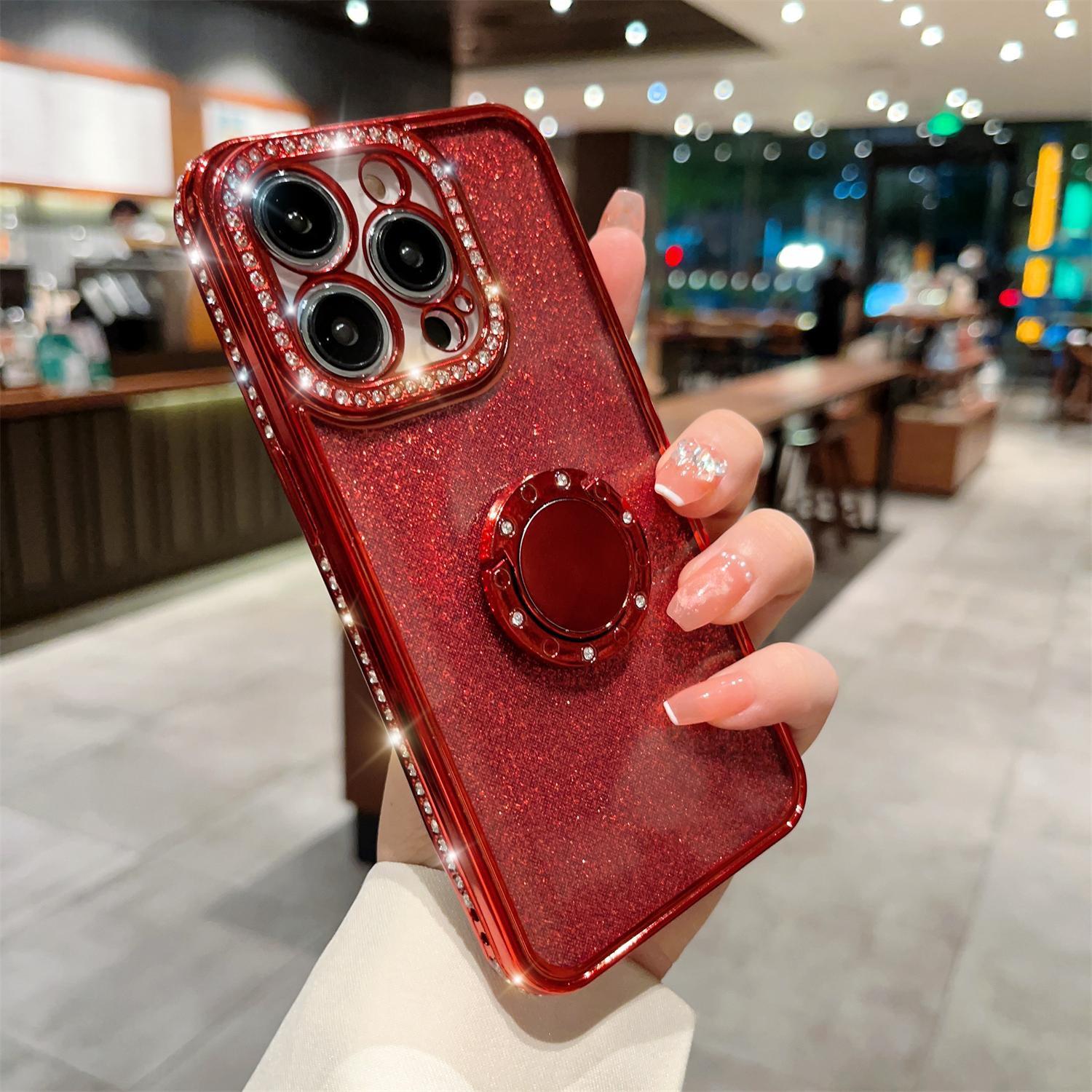 Bling Glitter Ring Case For iPhone 16 15 14 13 12 11 Pro Max Ring Holder Kickstand Case Plating Bumper Cover with Camera Lens Protector