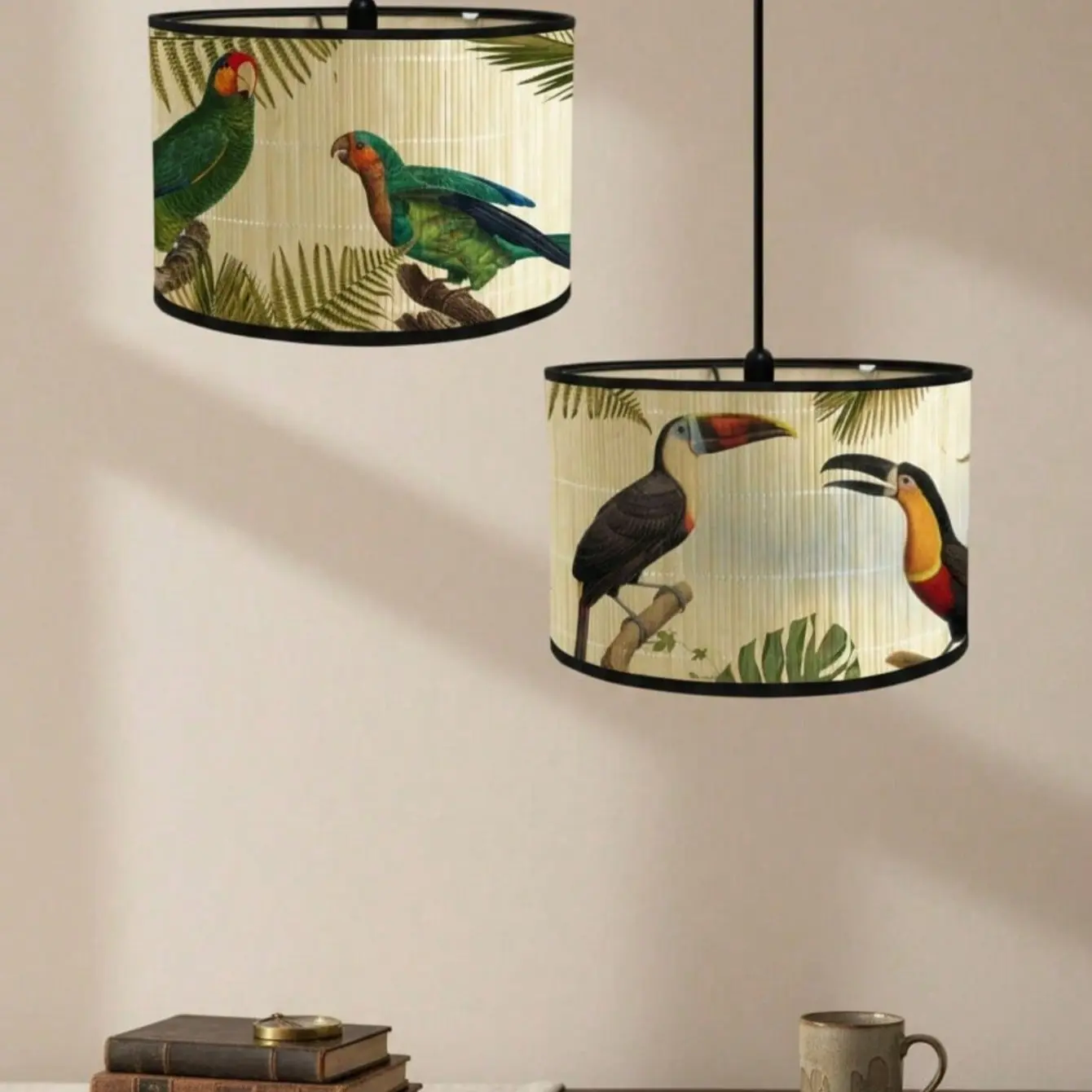 Vintage Floral Bird Print Bamboo Lampshade, Hanging Ceiling Light Shade, Room Decoration, Dining Room Decor, 1pc