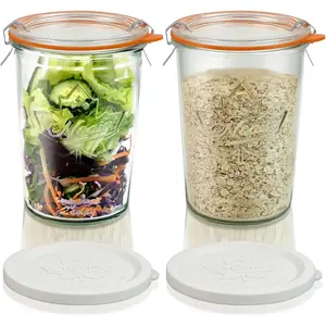 Canning Jars 27 oz 2 Pack, Sourdough Starter Jars with 2 Lids Per Jar (Glass Sealing Lid & Plastic Lid), 800ML Wide Mouth Airtight Glass Storage Containers for Pickles, Yogurt, Pasta, Cereal