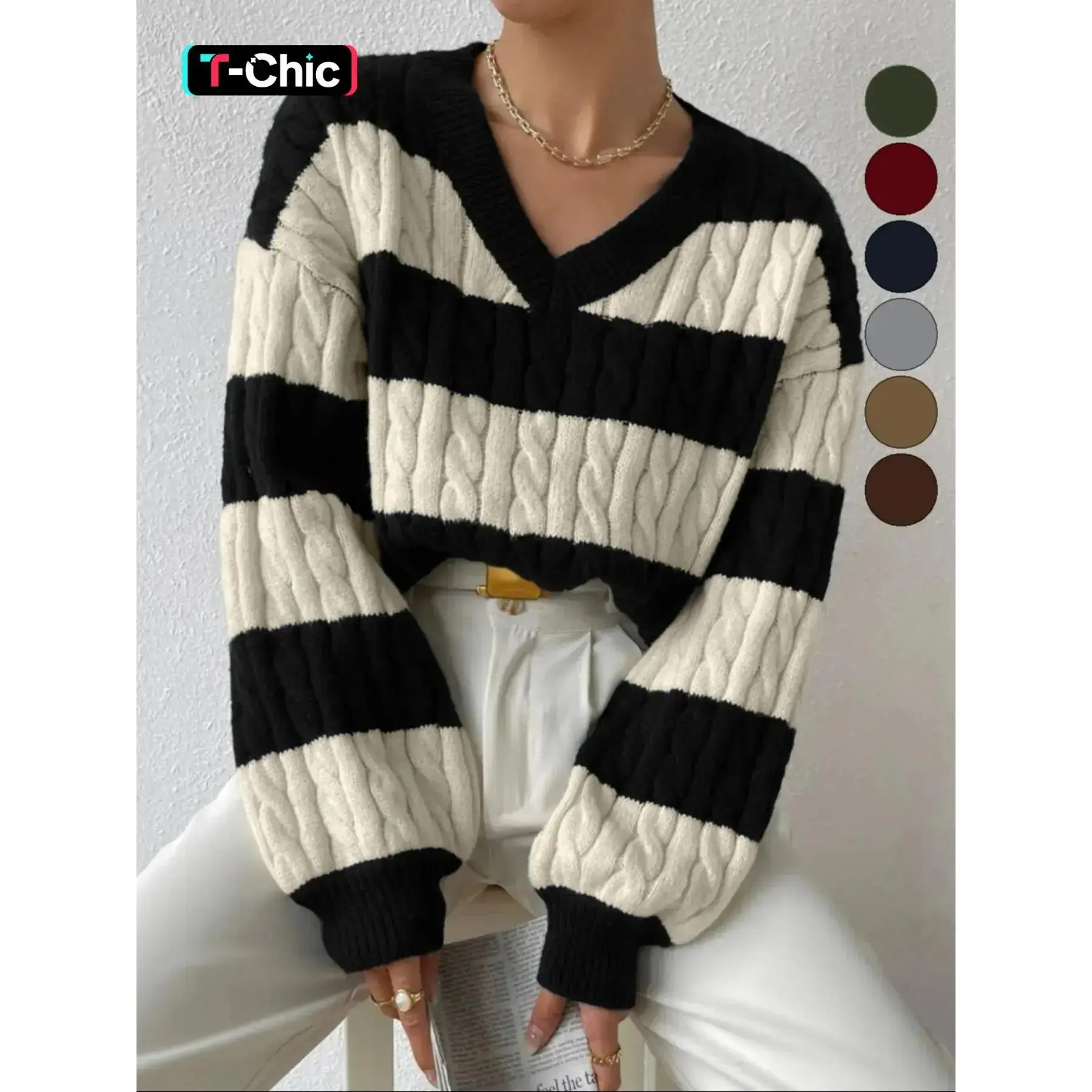 Women's Cable Knit Color Block Striped V Neck Loose Oversized Baggy Fit Sweater Knitwear, Casual Long Sleeve Drop Shoulder Jumper Pullover Tops for Autumn & Winter, Korean Aesthetic Style Clothes Womenswear