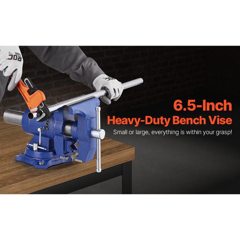 VEVOR Heavy Duty Bench Vise, 6-1/2 Jaw Width, 5 Max Jaw Opening Multi-Purpose Ductile Iron Bench Vise with Anvil, 360 Swivel Base Head, 3 Throat, 5620 lbs Clamp Force, for Pipe Repairing Metalworking