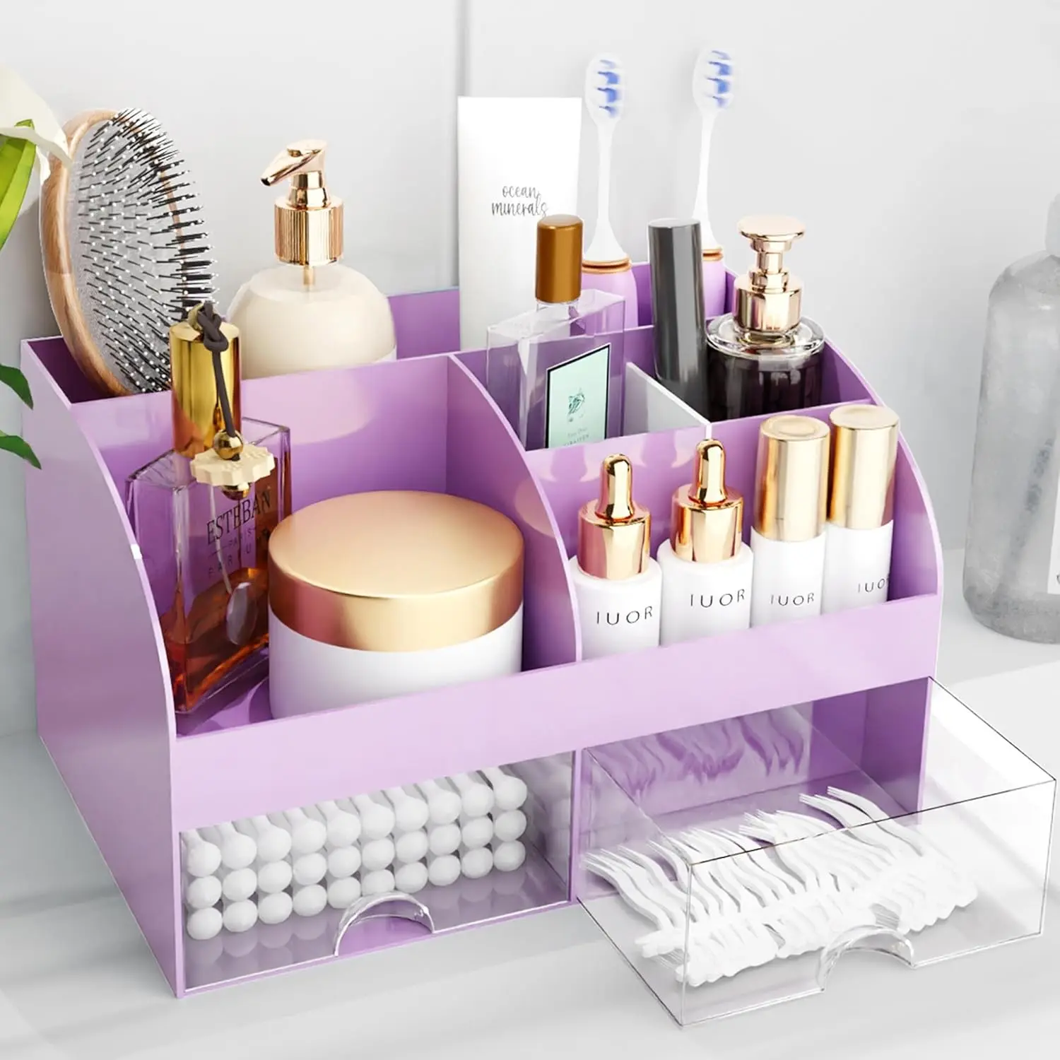 Transparent Multi-Compartment Rectangular Plastic Makeup Organizer with Drawers, Dresser Vanity-Bathroom Countertop Storage, Beauty Holder for Lipstick-Brush-Skincare Products (Purple), Smooth