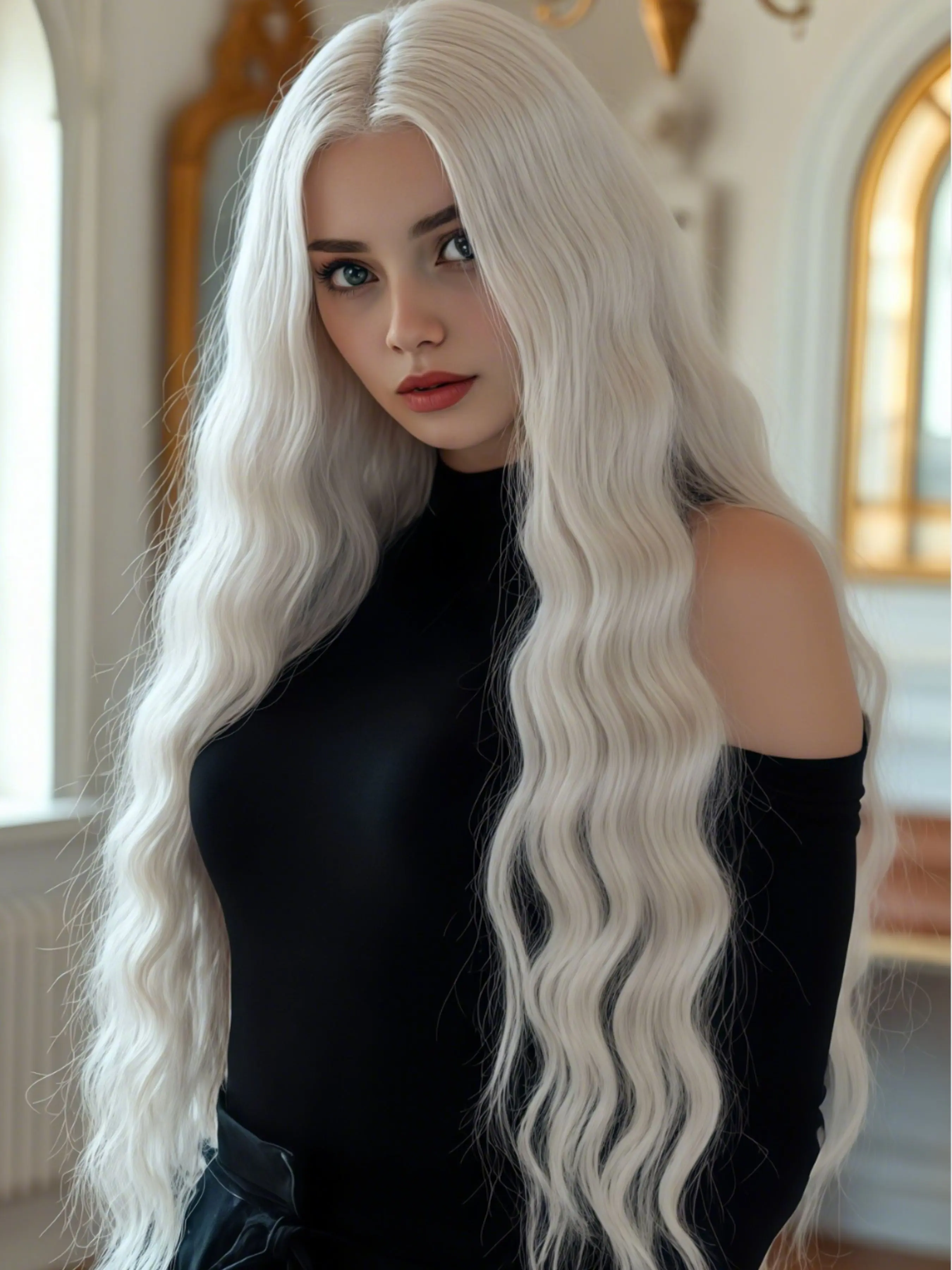 32 inches Silver-White wavy Wig, 13x4 lace wig, pre-exposed hairline synthetic wig, White Valentine's Day wavy wig, Valentine's Day pre-date lace wig, women's party cosplay stage wig, Valentine's Day gift, Synthetic Lace Wigs
